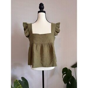 NWT Kourt Women’s Ruffle Sleeve Peplum Top Green Cotton Blouse Size M Resort